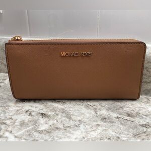 Michael Kors Saffiano Zip Around Wallet in Brown with Gold Hardware